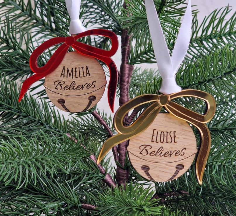 Personalised Christmas Bauble, Custom Family Name Tree Decoration, Christmas believe bell