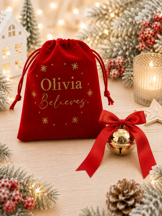Personalised Believe Bell & Velvet Bag – Christmas Eve Gift
