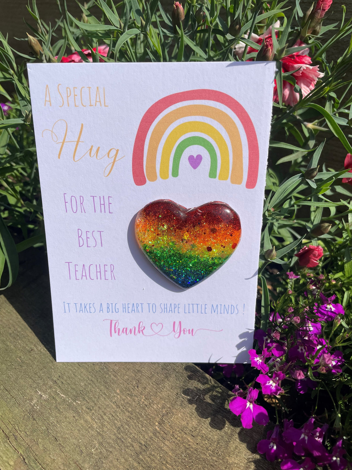 Gift for teacher, pocket hug, rainbow pocket hug, end of year gift, best teacher, resin heart, thank you teacher gift