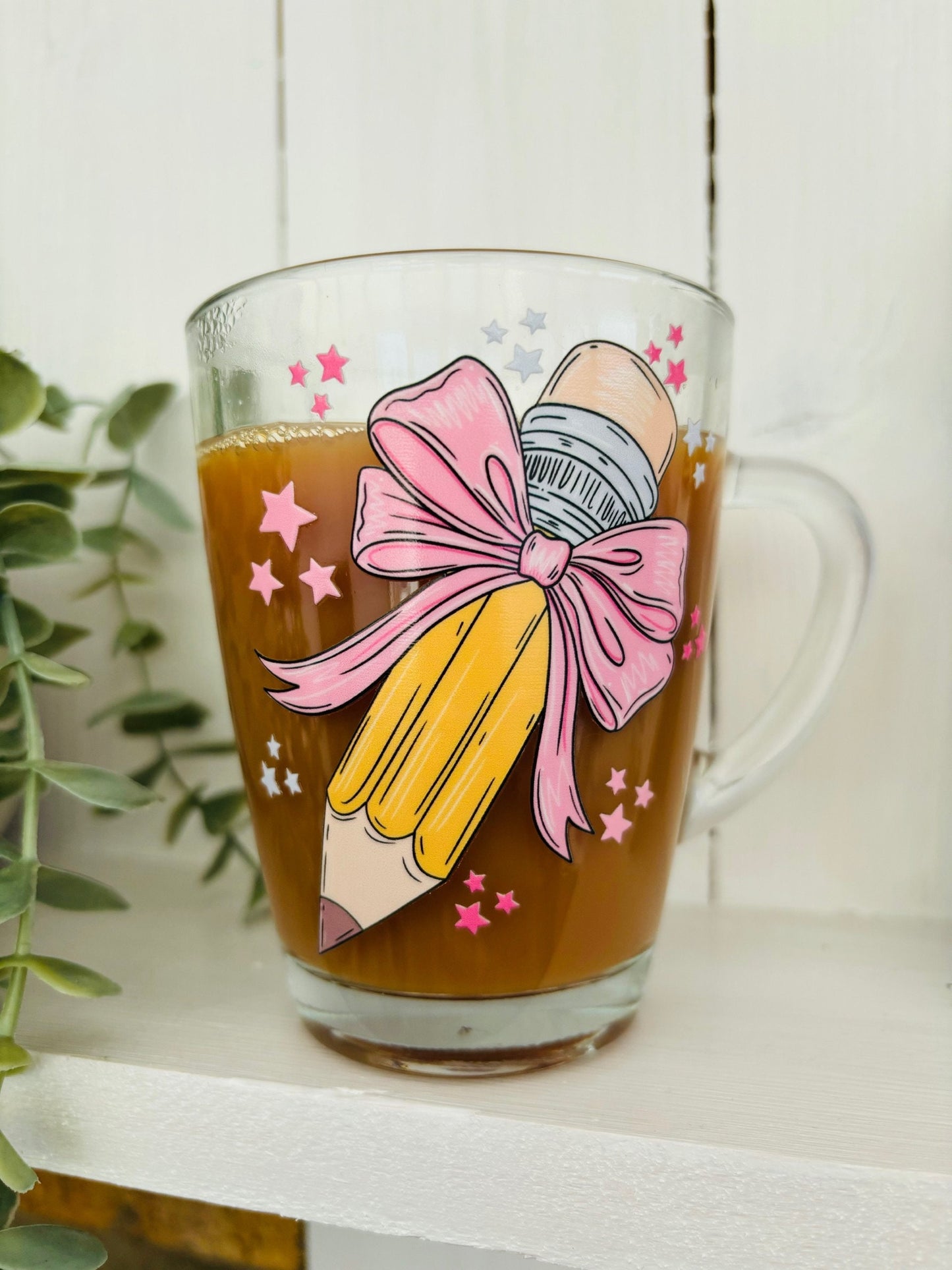 Personalised Teacher Mug, Pencil Bow Design, Glass Coffee Cup