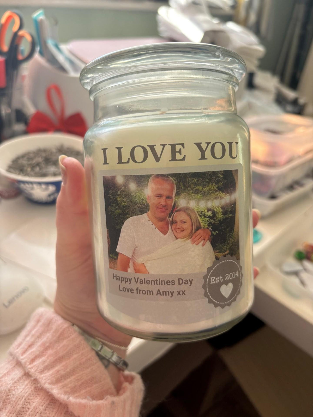 Personalized Scented Candle: 90 Hour Burn Time, Custom Photo Label
