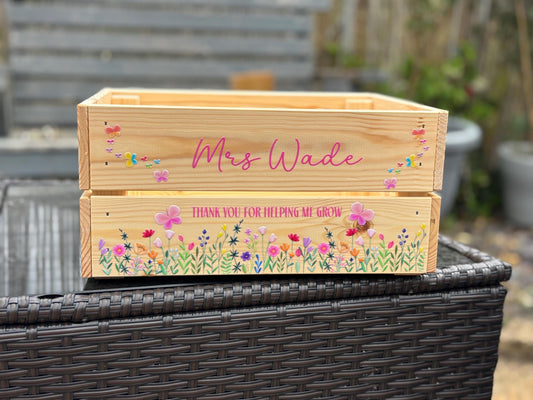 Personalised Teacher Gift Crate, Floral Design Wooden Box