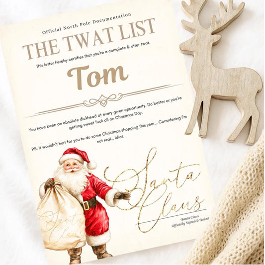 Naughty Santa 'Twat List' Certificate, Adult Christmas Gag Gift