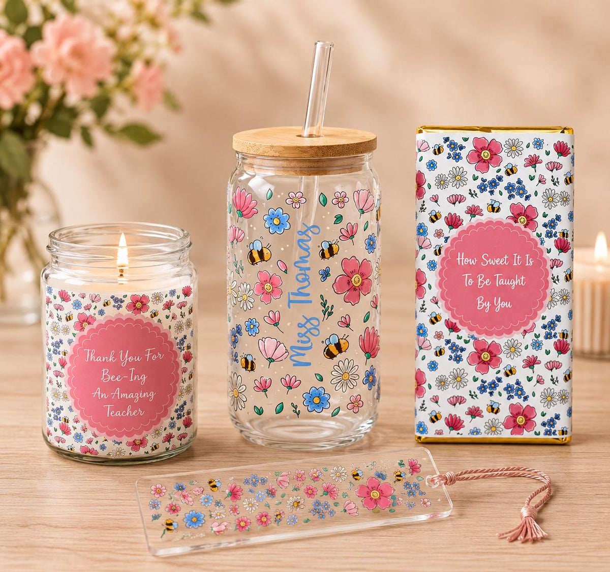 Personalised Teacher gifts, teaching assistant, candle, cup, bookmark