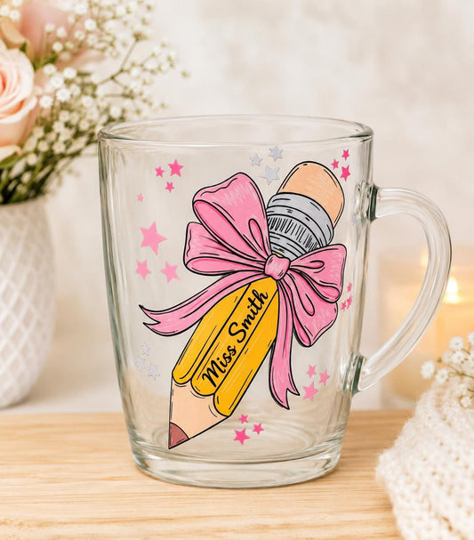 Personalised Teacher Mug, Pencil Bow Design, Glass Coffee Cup