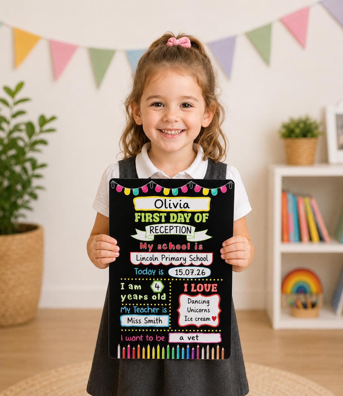 Personalised First Day of Reception Board | Reusable School Milestone Sign | Dry Wipe First Day Photo Prop | Back to School G