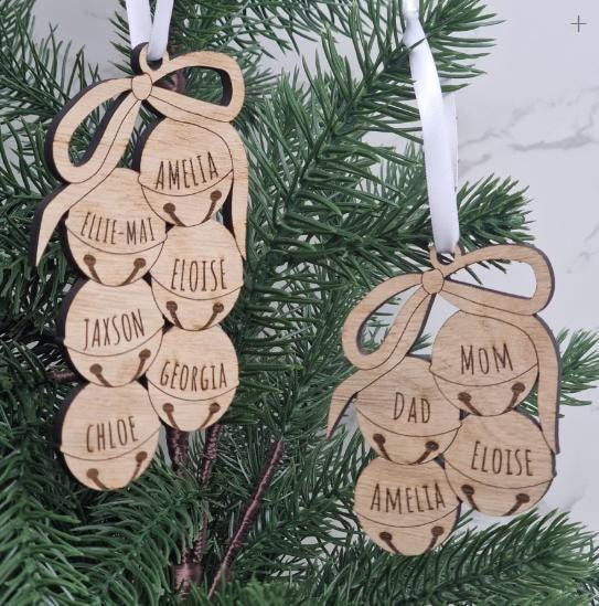 Personalised Christmas Bauble, Custom Family Name Tree Decoration, Christmas believe bell