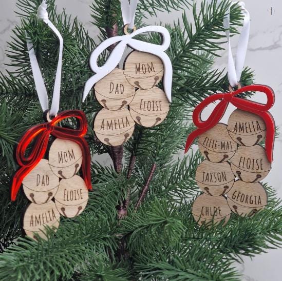 Personalised Christmas Bauble, Custom Family Name Tree Decoration, Christmas believe bell