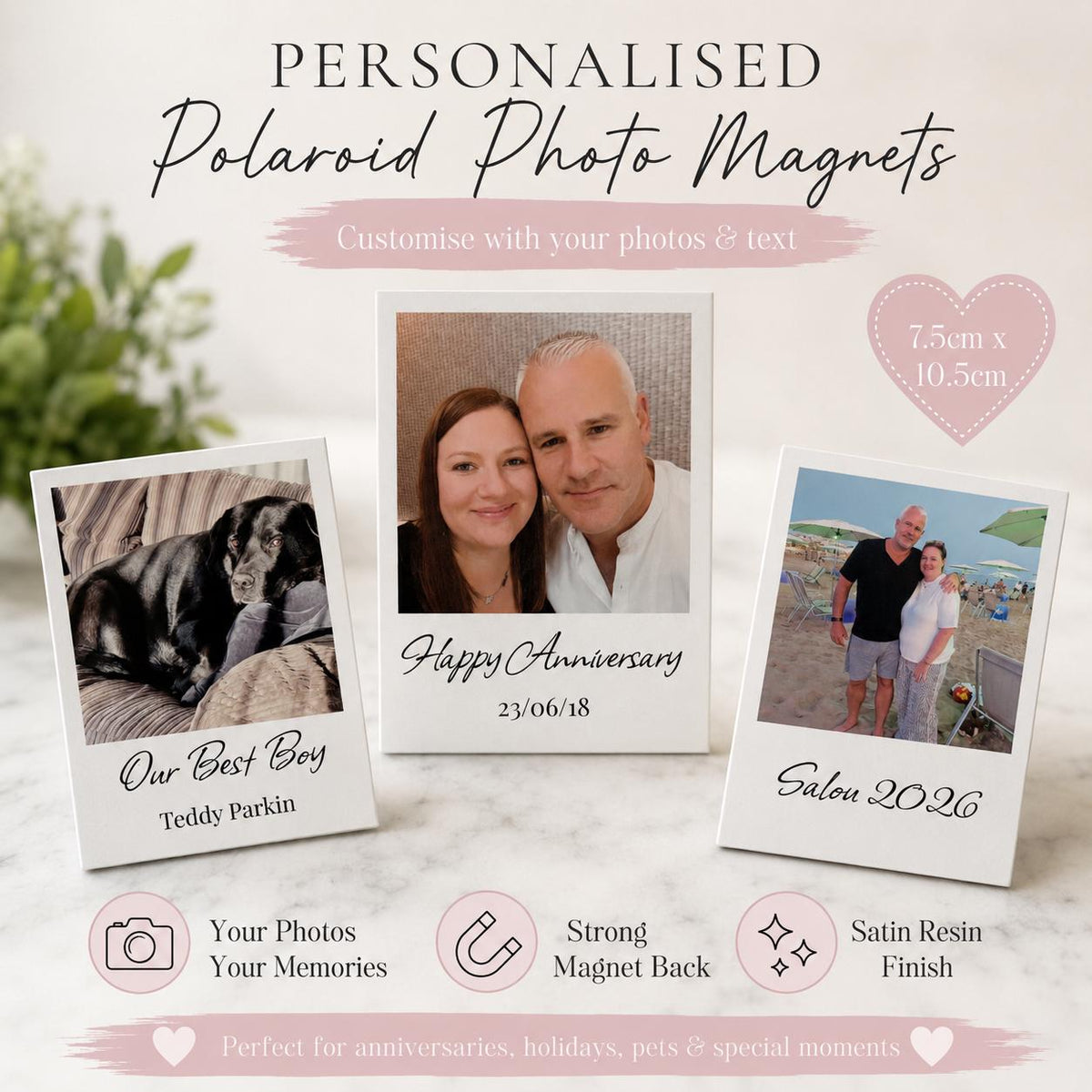Personalised Polaroid Photo Magnet | Custom Photo Fridge Magnet | 7.5 x 10.5cm Satin Resin Finish | Personalised Gift for Cou