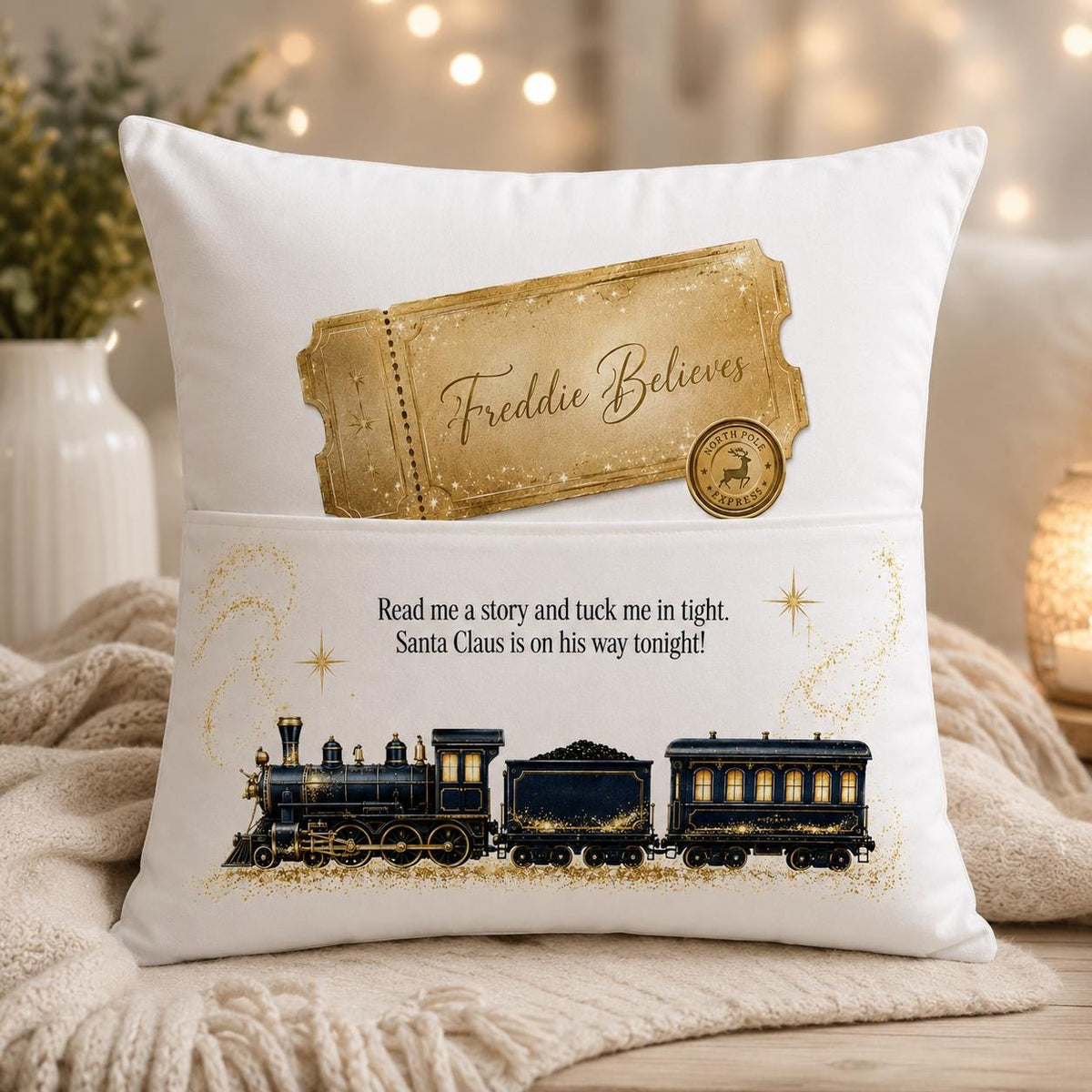 Personalised Christmas Reading Cushion, Believe Ticket Train Pillow, Christmas Eve Gift for Kids, Santa Story Cushion, Custom