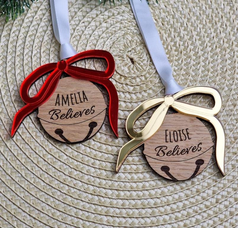 Personalised Christmas Bauble, Custom Family Name Tree Decoration, Christmas believe bell